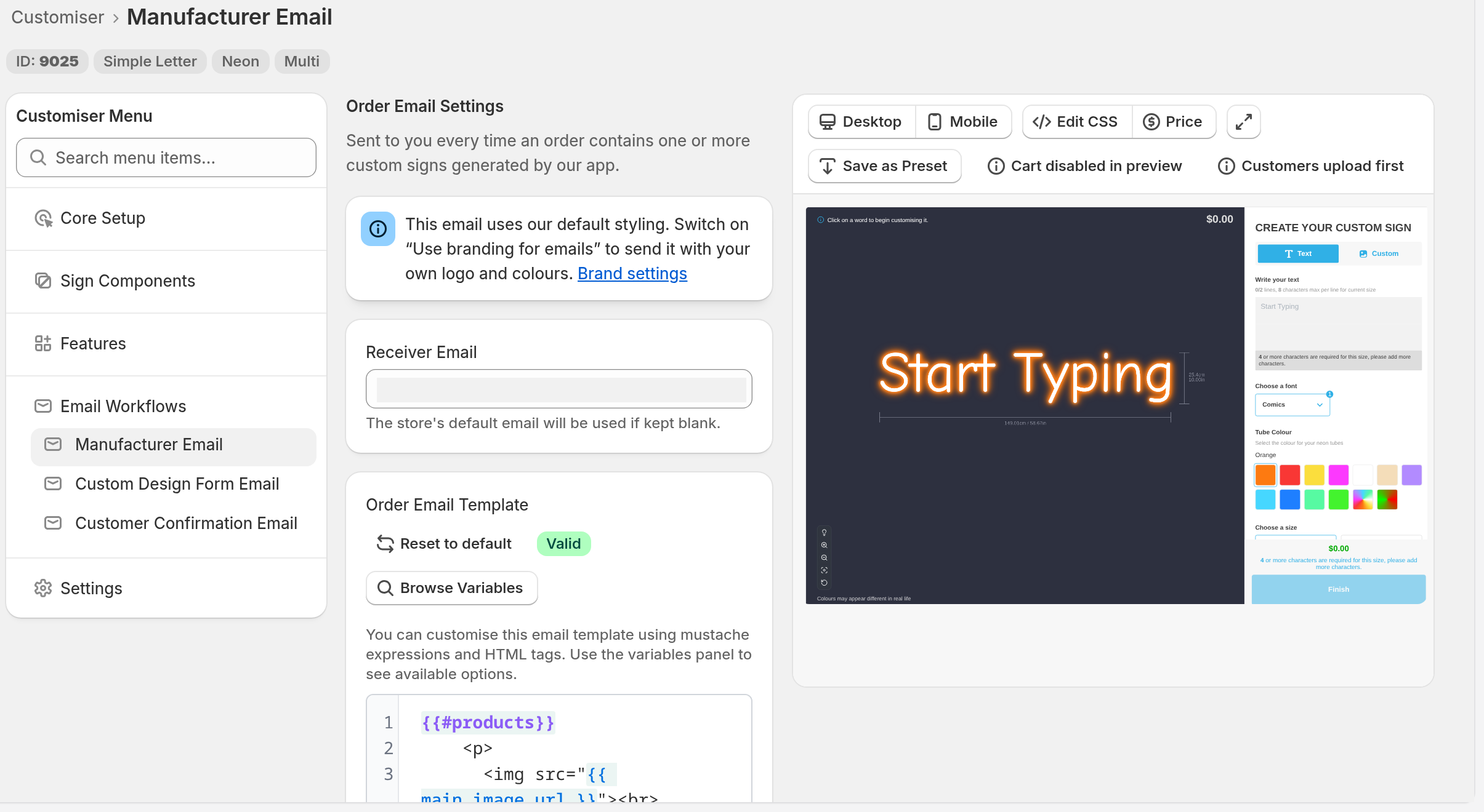 The Manufacturer Email page in the customiser admin, with Email Workflows expanded in the Customiser Menu, the Receiver Email field and the Order Email Template editor with Reset to default and Browse Variables