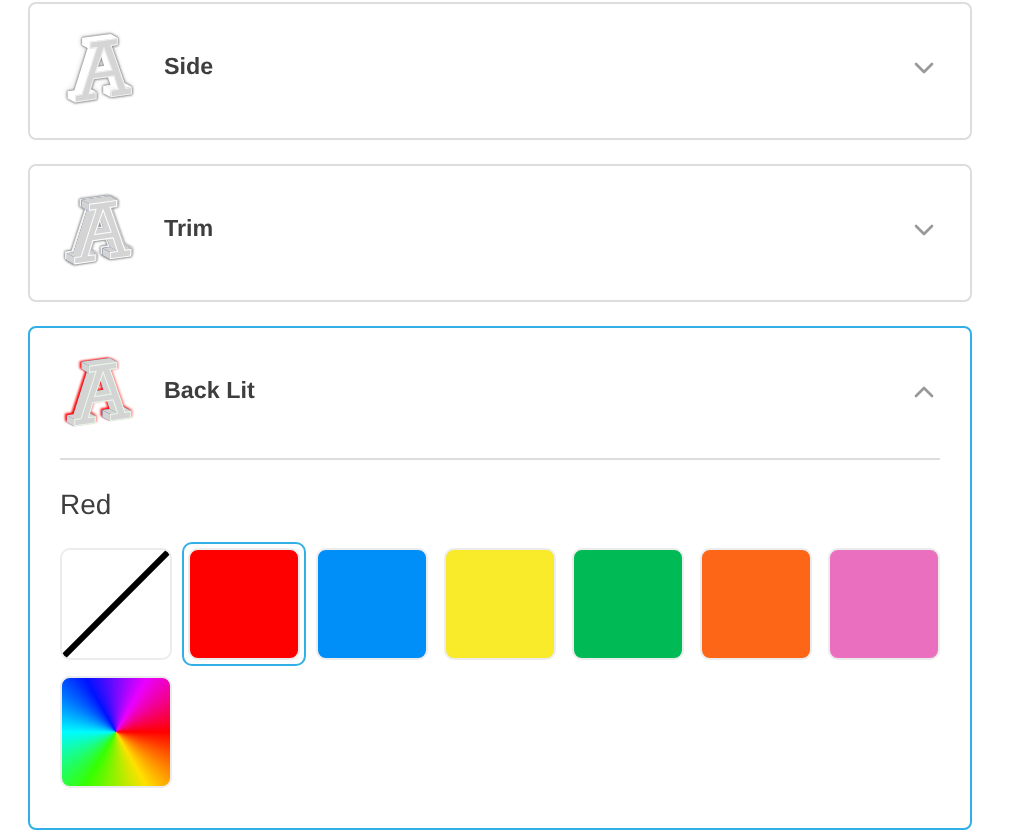 Customer customiser with the Back Lit colour card open and its colour swatches
