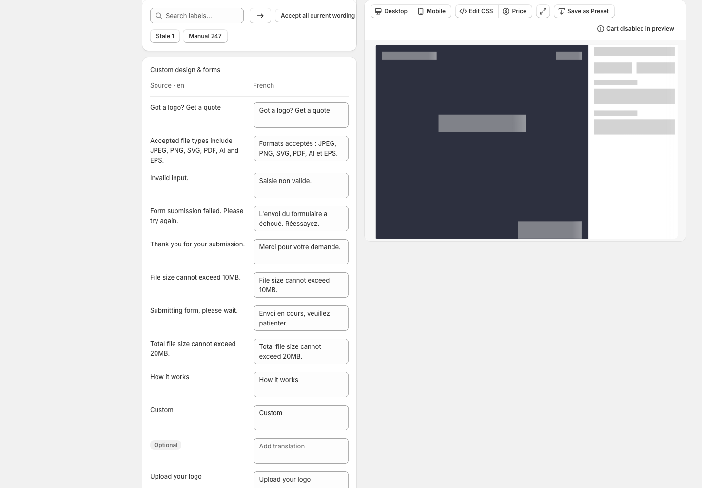 Custom design and form wording shown beside its French translations in the language editor