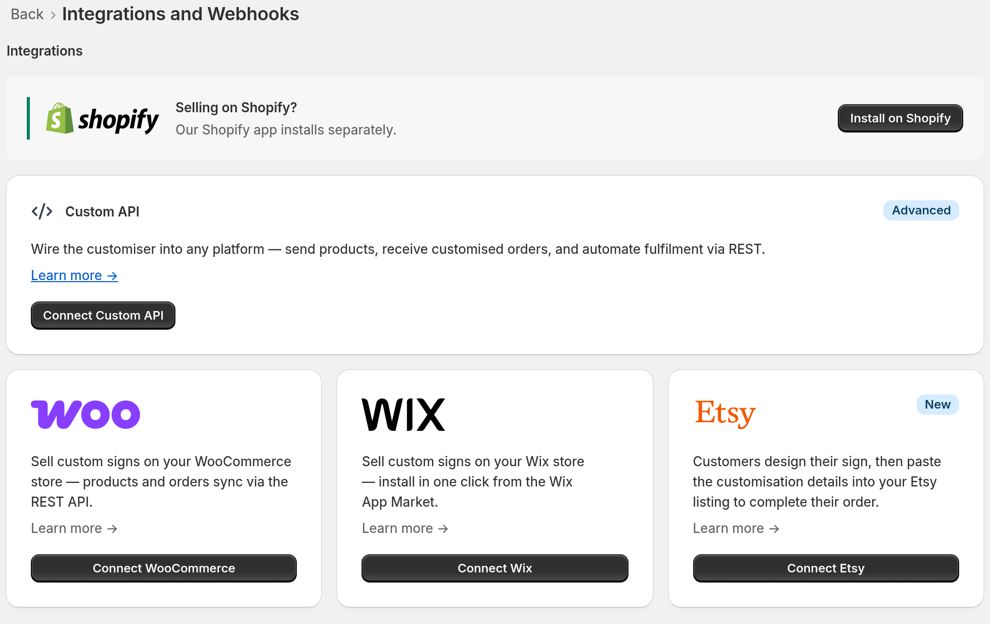 The Integrations and Webhooks page in Sign Customiser with the Connect WooCommerce button on the WooCommerce card.