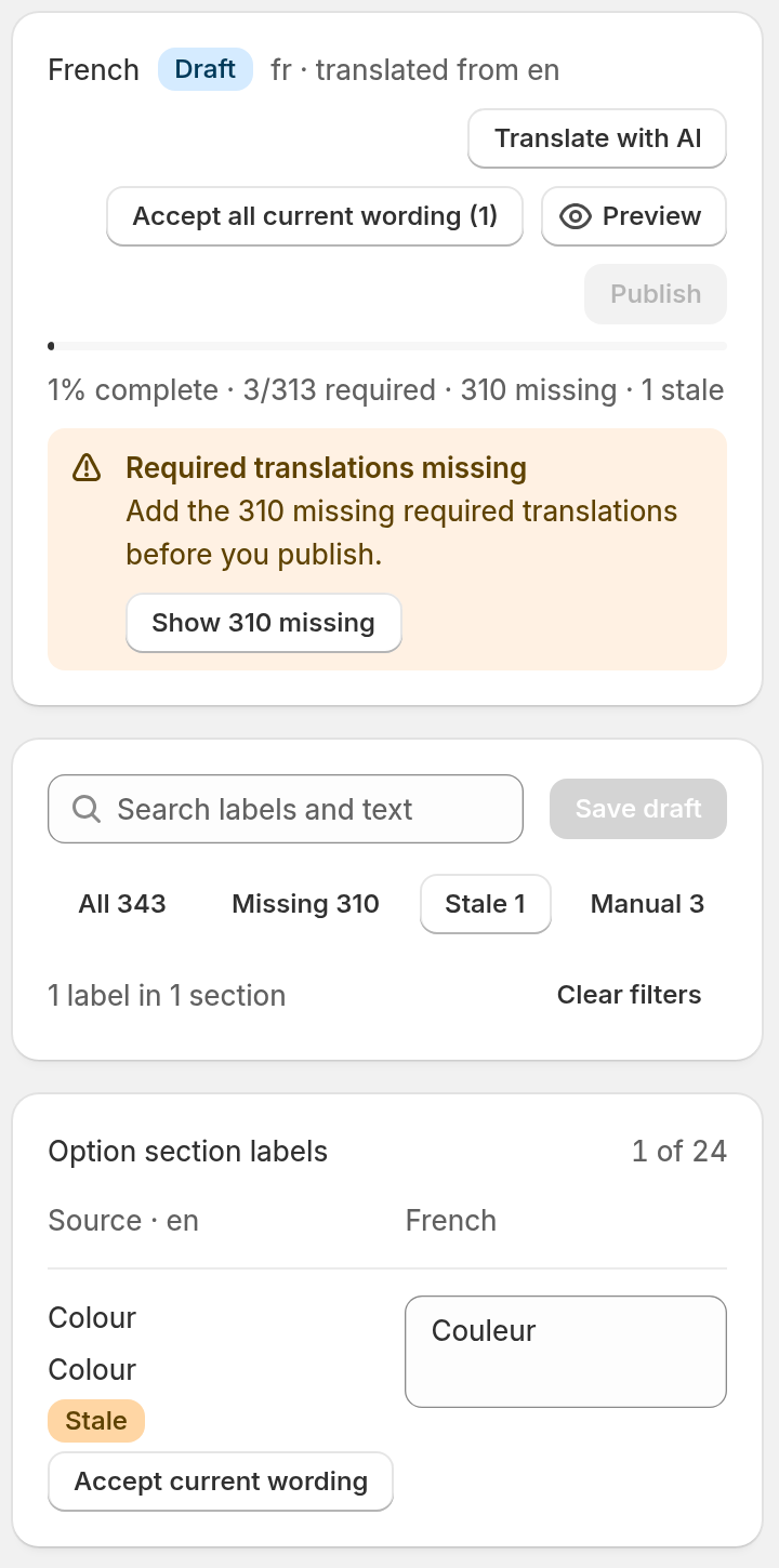 French translation editor with English source wording beside French fields. One label is marked Stale and has an Accept current wording button.