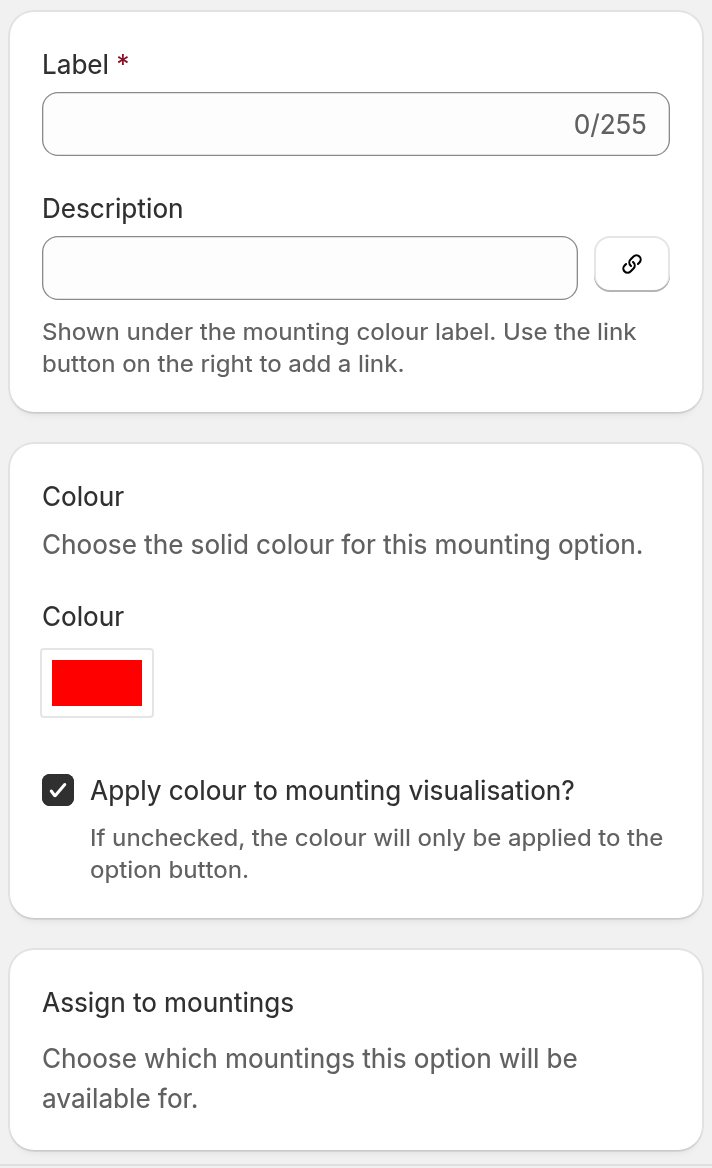 The New Mounting Colour form with the fields Label, Description, Colour, and the checkbox Apply colour to mounting visualisation?