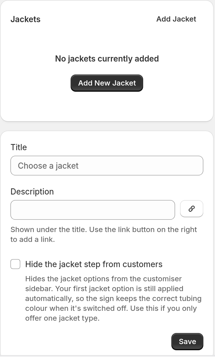 The Jackets page in the Merchant admin with the Add New Jacket button, the Title and Description fields and the Hide the jacket step from customers checkbox